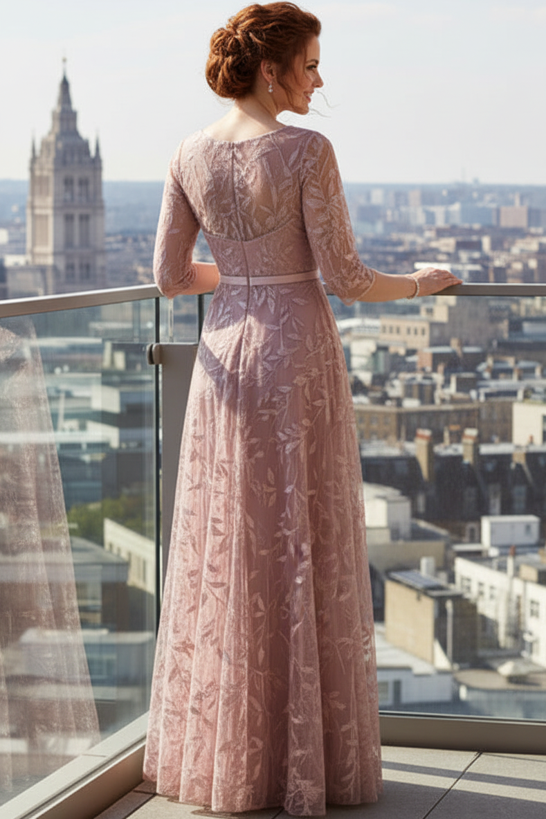 Scoop-Neck Half-Sleeves Sequined Applique Tulle Pleated A-Line Mother of the Bride Dress