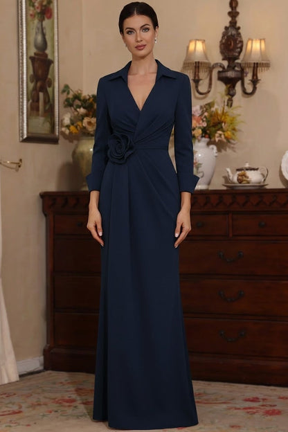 V-Neck Collared 3/4-Sleeves Floor-Length 3D-Floral Chiffon Fitted Mother of the Bride Dress