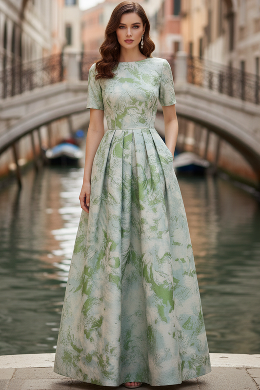 Scoop-Neck Short-Sleeves Floor-Length Print-Satin Pleated A-Line Mother of the Bride Dress