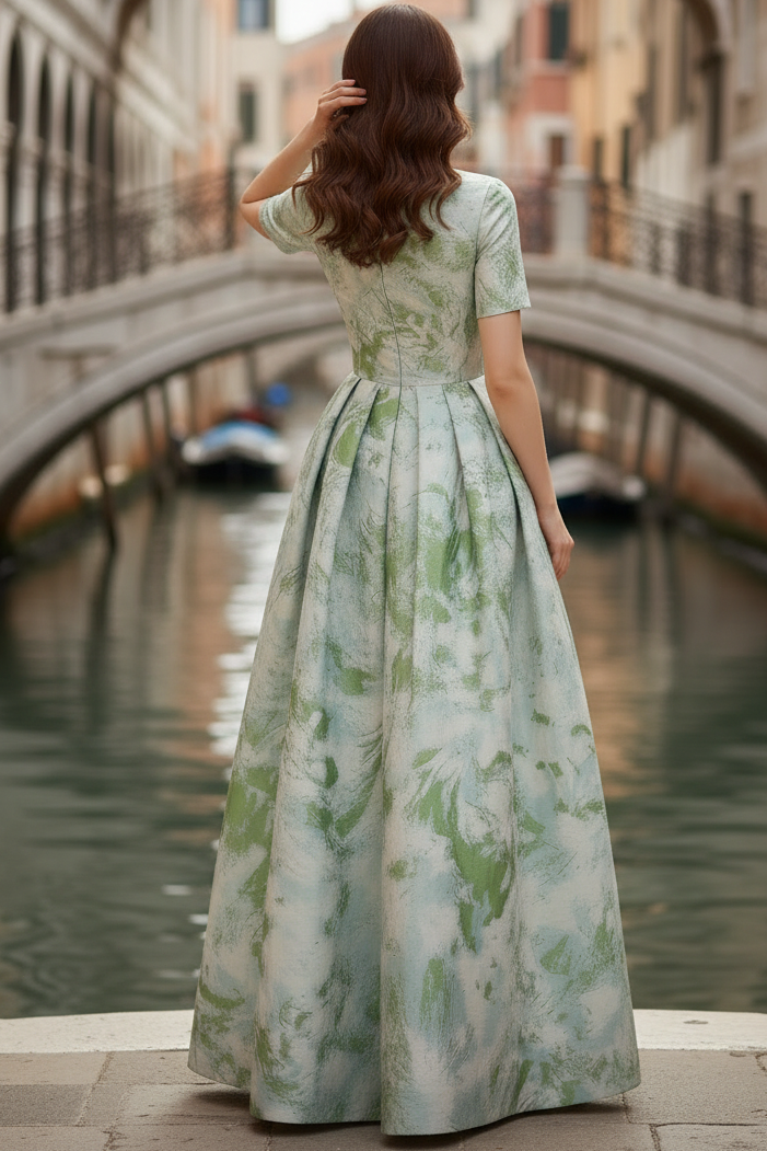 Scoop-Neck Short-Sleeves Floor-Length Print-Satin Pleated A-Line Mother of the Bride Dress