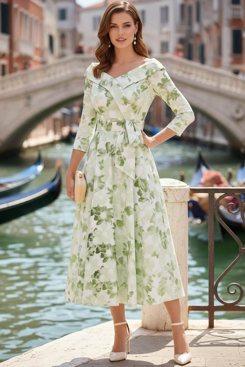 V-Neck 3/4-Sleeves Tea-Length Print-Chiffon Pleated A-Line Mother of the Bride Dress