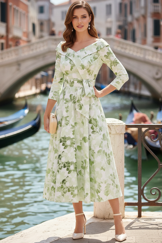 V-Neck 3/4-Sleeves Tea-Length Print-Chiffon Pleated A-Line Mother of the Bride Dress