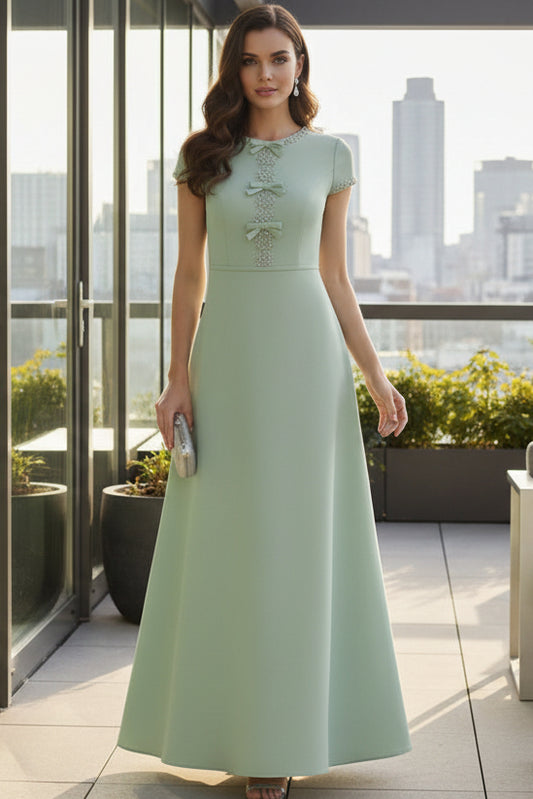 Scoop-Neck Cap-Sleeves Beaded Satin Floor-Length A-Line Mother of the Bride Dress