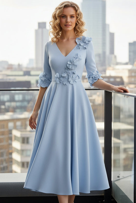 V-Neck Half-Sleeves 3D-Floral Applique Satin Pleated Tea-Length A-Line Mother of the Bride Dress