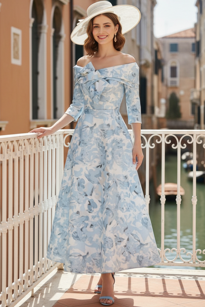 Bateau-Neck Half-Sleeves Ankle-Length Print-Satin Pleated A-Line Mother of the Bride Dress