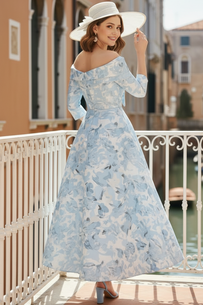 Bateau-Neck Half-Sleeves Ankle-Length Print-Satin Pleated A-Line Mother of the Bride Dress