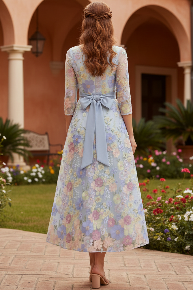 Scoop-Neck 3/4-Sleeves Jacquard Satin&Tulle Ankle-Length A-Line Mother of the Bride Dress