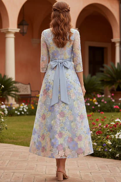 Scoop-Neck 3/4-Sleeves Jacquard Satin&Tulle Ankle-Length A-Line Mother of the Bride Dress