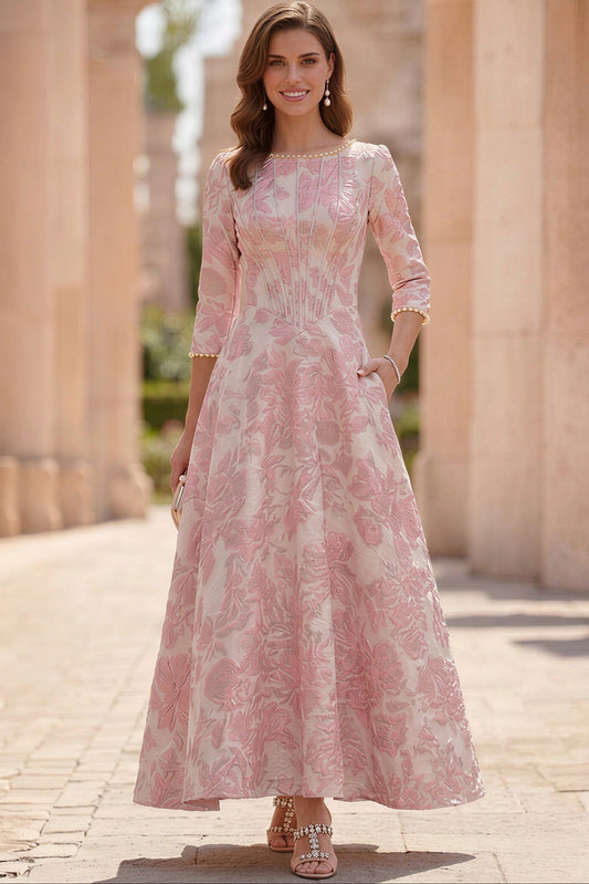 Scoop-Neck Ankle-Length Pearls Beaded Jacquard Satin A-Line Mother of the Bride Dress