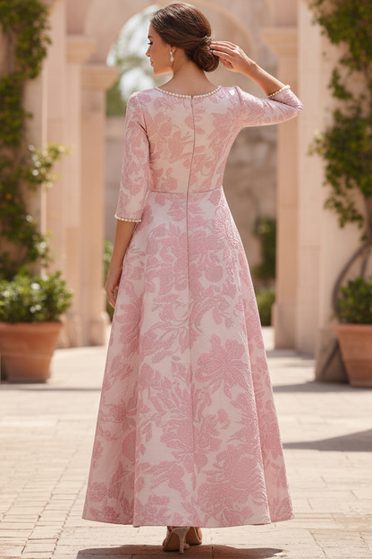 Scoop-Neck Ankle-Length Pearls Beaded Jacquard Satin A-Line Mother of the Bride Dress