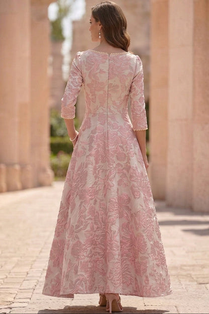 Scoop-Neck Ankle-Length Pearls Beaded Jacquard Satin A-Line Mother of the Bride Dress