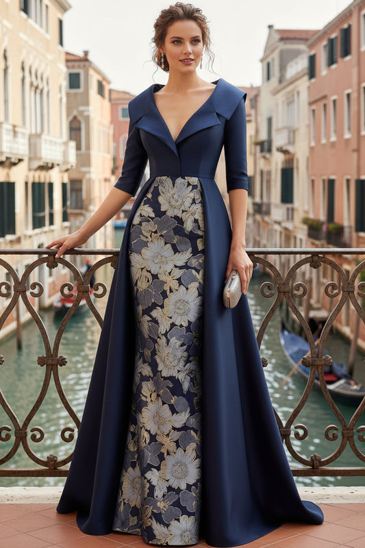 V-Neck Collared Half-Sleeves Sequined Satin Pleated Mermaid Mother of the Bride Dress