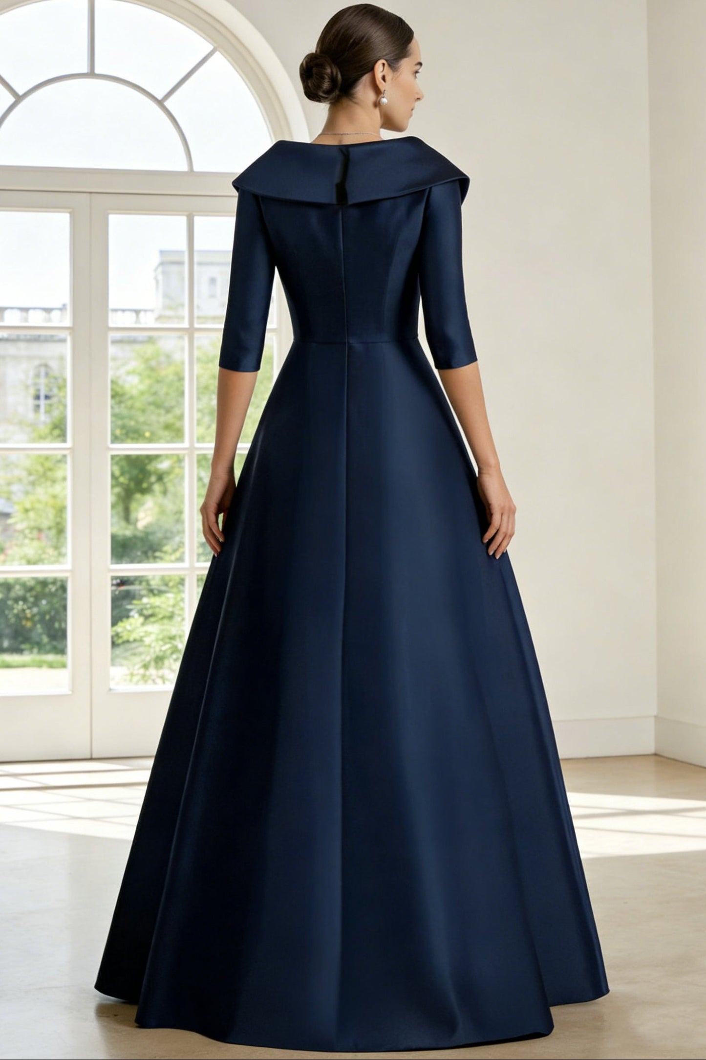 V-Neck Collared Half-Sleeves Sequined Satin Pleated Mermaid Mother of the Bride Dress