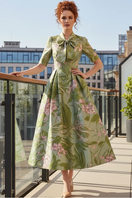 Bow-Collared Half-Sleeves Jacquard Satin Pleated Ankle-Length A-Line Cocktail Dress
