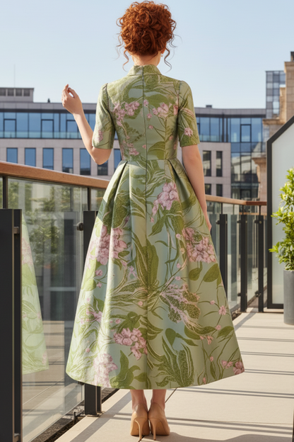 Bow-Collared Half-Sleeves Jacquard Satin Pleated Ankle-Length A-Line Cocktail Dress