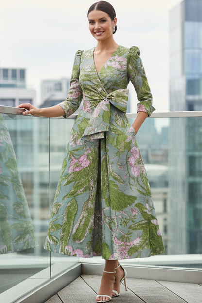V-Neck 3/4-Sleeves Jacquard Satin Pleated Ankle-Length A-Line Formal Cocktail Dress