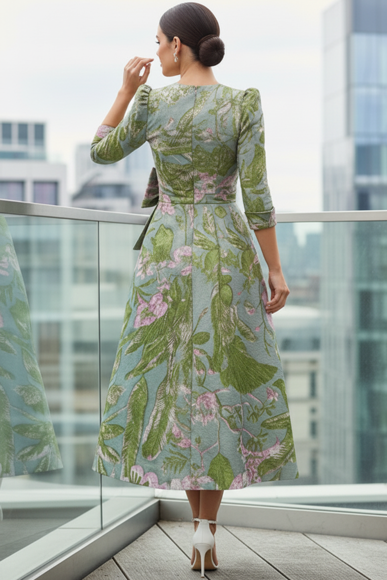 V-Neck 3/4-Sleeves Jacquard Satin Pleated Ankle-Length A-Line Formal Cocktail Dress