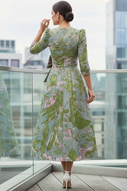 V-Neck 3/4-Sleeves Jacquard Satin Pleated Ankle-Length A-Line Formal Cocktail Dress