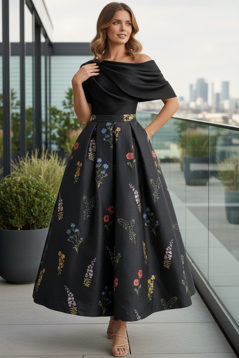 Asymmetrical-Neck Short-Sleeves Jacquard Satin Pleated Ankle-Length A-Line Cocktail Dress