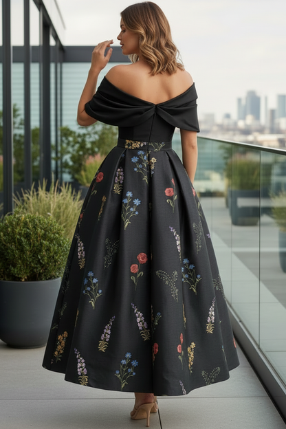 Asymmetrical-Neck Short-Sleeves Jacquard Satin Pleated Ankle-Length A-Line Cocktail Dress