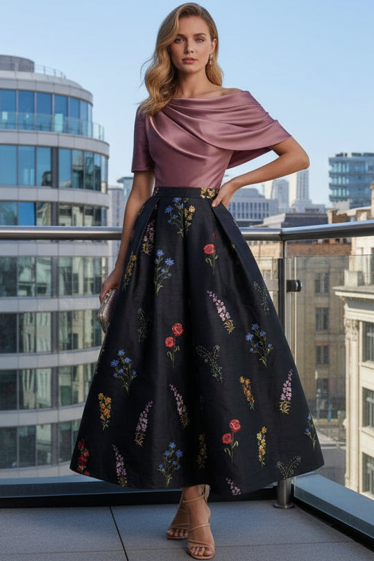 Asymmetrical-Neck Short-Sleeves Jacquard Satin Pleated Ankle-Length A-Line Cocktail Dress