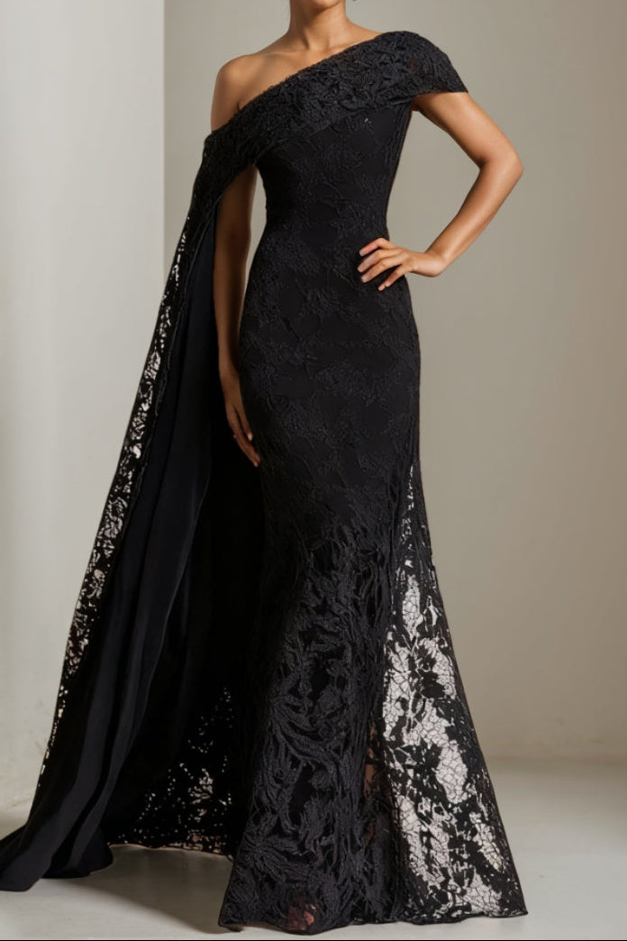 Asymmetrical-Neck Sleeveless Allover Lace Pleated Floor-Length Train Mermaid Evening Dress