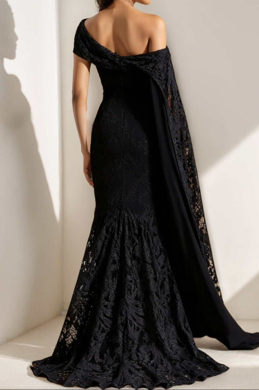 Asymmetrical-Neck Sleeveless Allover Lace Pleated Floor-Length Train Mermaid Evening Dress
