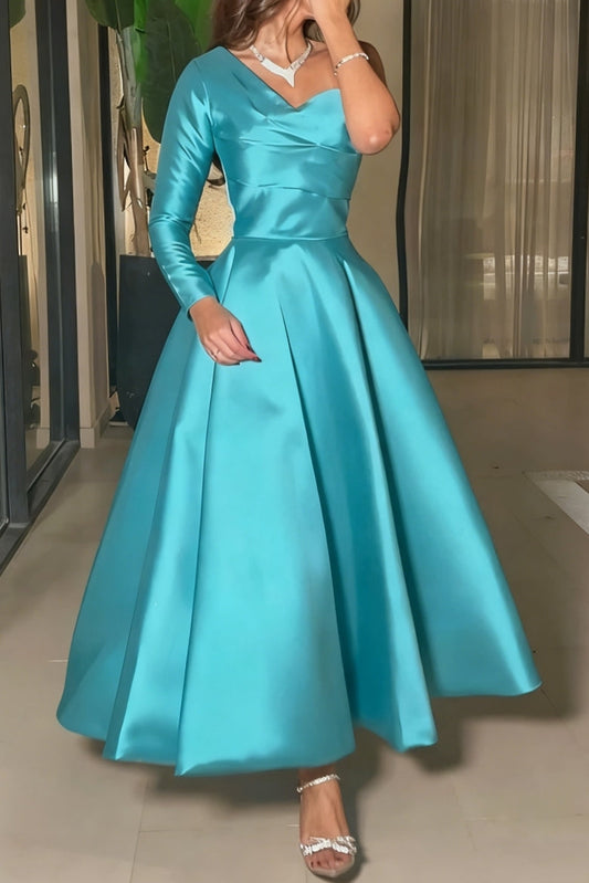 Asymmetrical-Neck One-Long-Sleeves Satin Pleated Ankle-Length A-Line Evening Dress