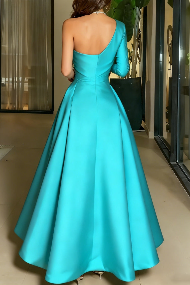 Asymmetrical-Neck One-Long-Sleeves Satin Pleated Ankle-Length A-Line Evening Dress