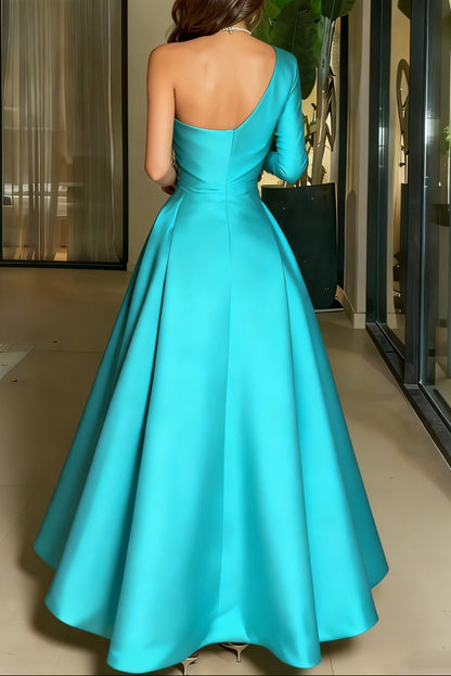 Asymmetrical-Neck One-Long-Sleeves Satin Pleated Ankle-Length A-Line Evening Dress
