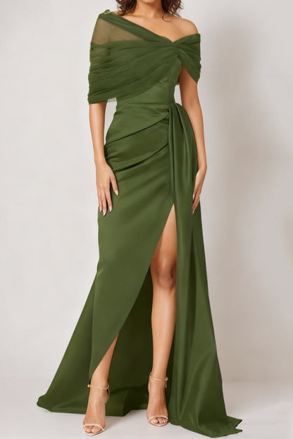 Asymmetrical-Neck Sleeveless Floor-Length Chiffon Pleated Mermaid Evening Dress with Slit