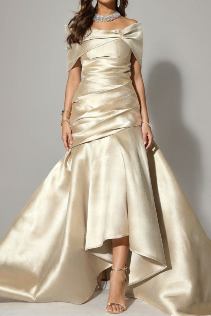 Asymmetrical-Neck Satin Pleated Trumpet High-Low Mermaid Evening Dress with Train