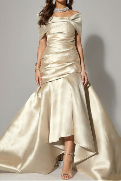 Asymmetrical-Neck Satin Pleated Trumpet High-Low Mermaid Evening Dress with Train