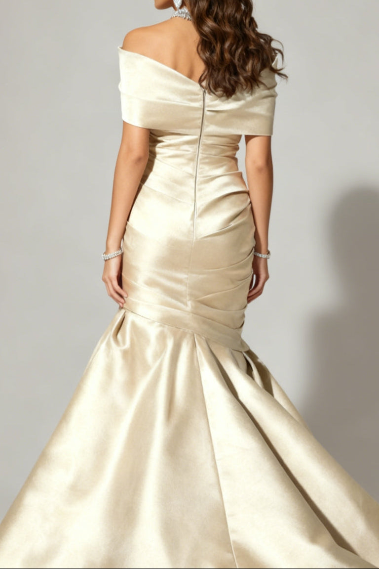 Asymmetrical-Neck Satin Pleated Trumpet High-Low Mermaid Evening Dress with Train