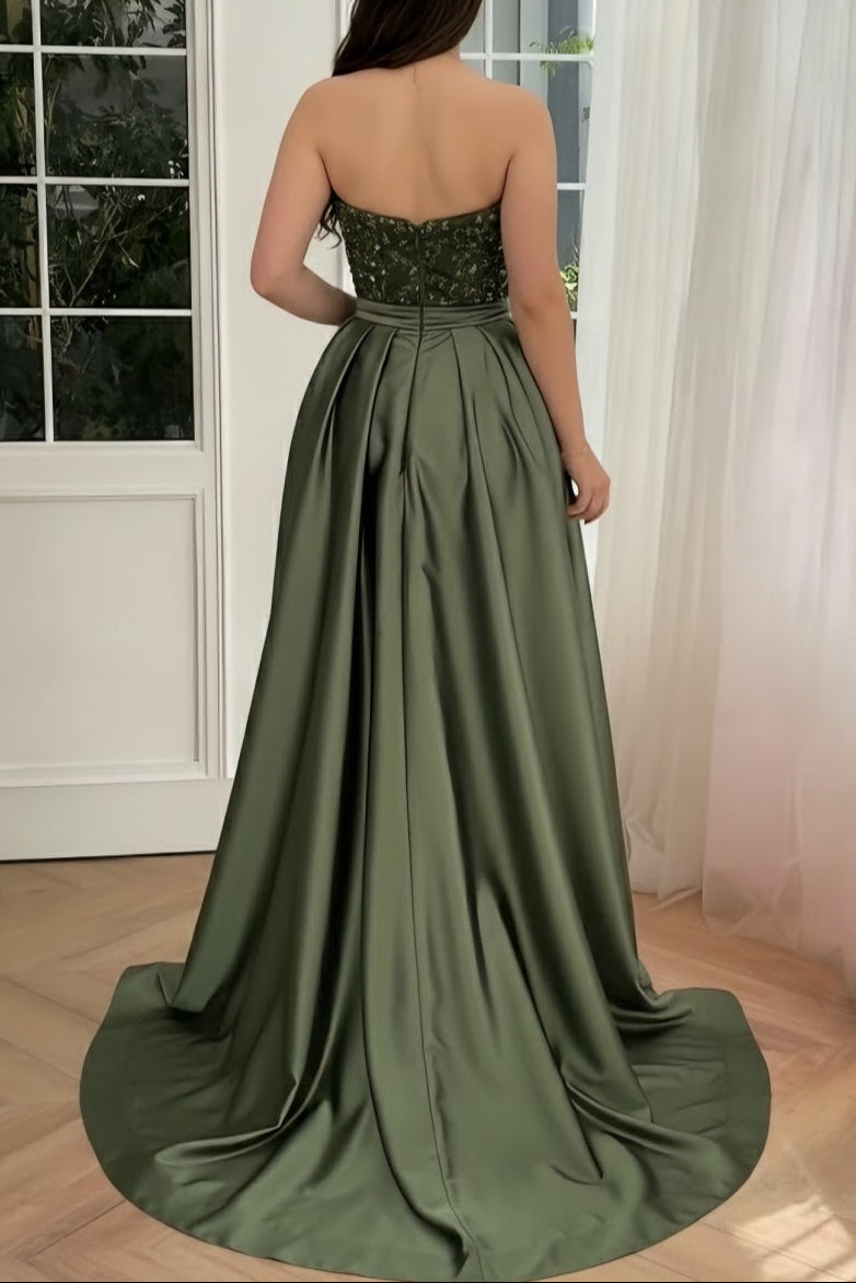 Off-Shoulder Asymmetrical-Neck Fully Sequined Satin Pleated Train Mermaid Evening Dress