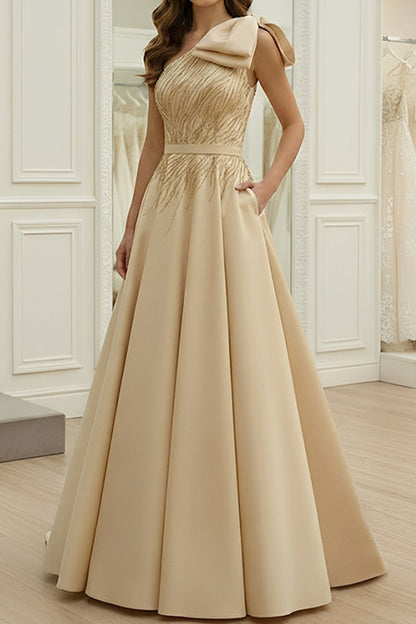 A-Line Asymmetrical-Neck Sequined Beaded Satin Pleated Floor-Length Evening Dress