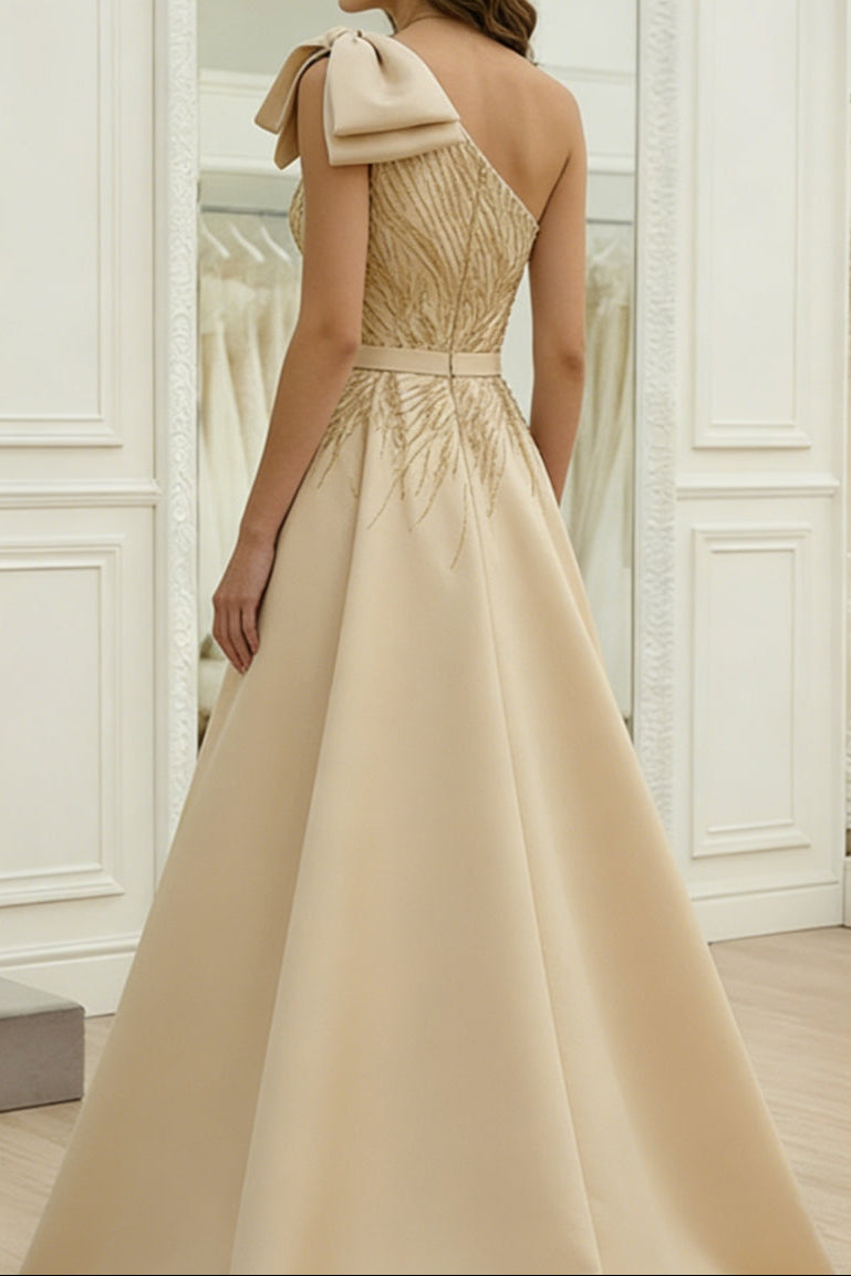 A-Line Asymmetrical-Neck Sequined Beaded Satin Pleated Floor-Length Evening Dress