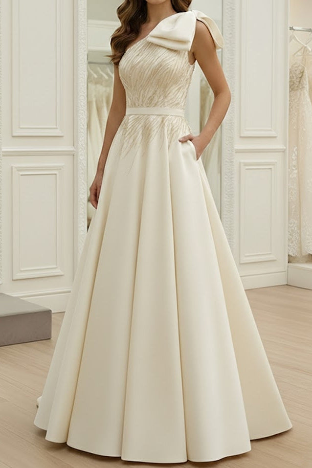 A-Line Asymmetrical-Neck Sequined Beaded Satin Pleated Floor-Length Evening Dress