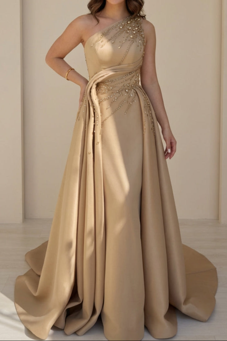 Asymmetrical-Neck Sleeveless Sequined Beaded Satin Pleated Train Mermaid Evening Dress