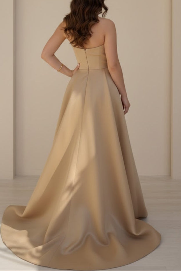 Asymmetrical-Neck Sleeveless Sequined Beaded Satin Pleated Train Mermaid Evening Dress