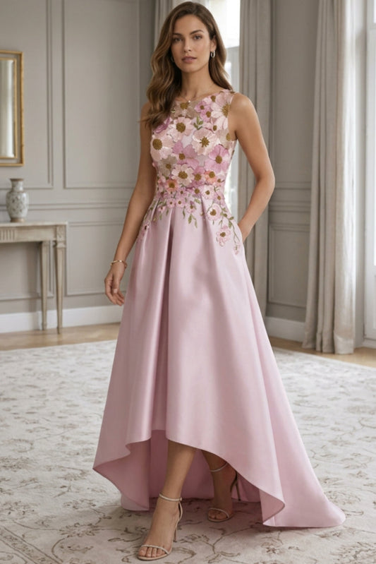 Scoop-Neck Straps Sleeveless Jacquard Satin Pleated High-Low A-Line Evening Dress