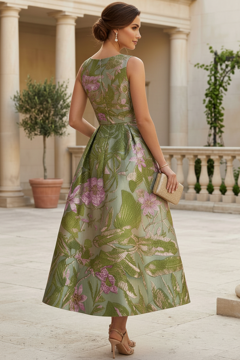 Scoop-Neck Sleeveless Ankle-Length Jacquard Satin Pleated A-Line Mother of the Bride Dress