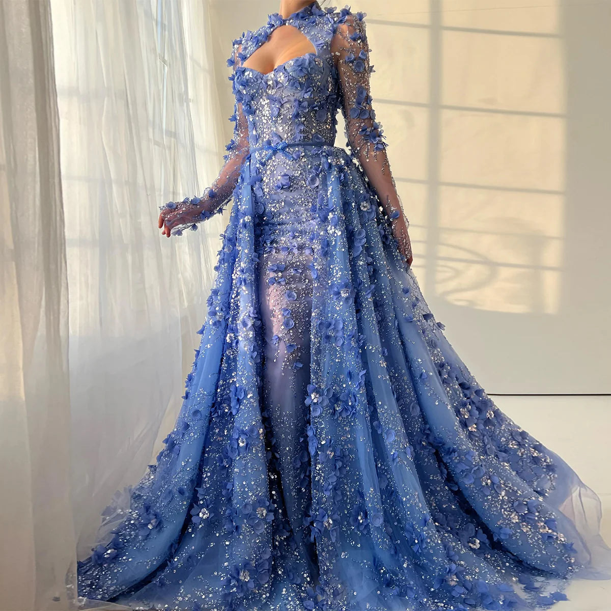 Sweetheart Beaded Floral Embellished Mermaid Evening Dress Long-Sleeves Tulle Prom Dress