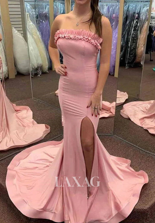 Ruffled Tube Top Off-Shoulder Pleated Mermaid Prom Dress Sleeveless Slit Evening Gowns with Sweep Train