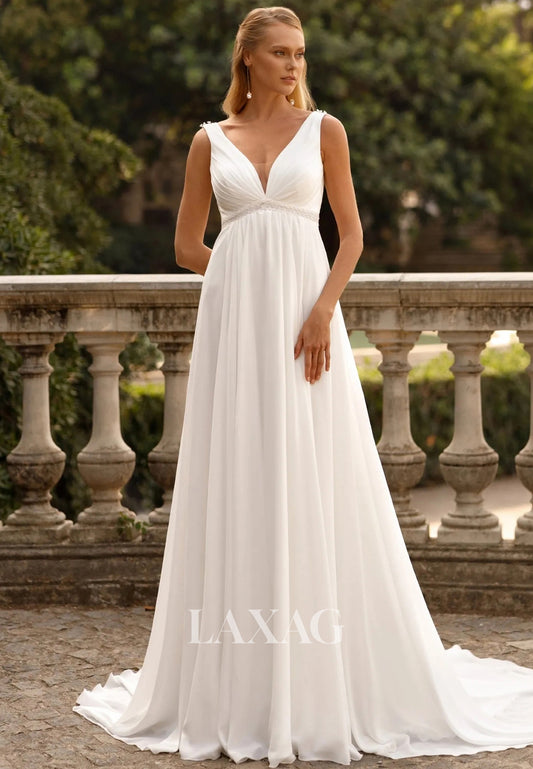 Simple Deep V-Neck Pleated Chiffon Bride Gowns Straps Sleeveless Sweep Train A-Line Wedding Dress