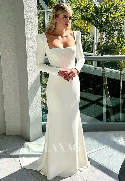 Square-Neck Long-Sleeves Mermaid Wedding Dress Simple Sweep Train Satin Bride Gowns