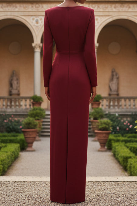 Deep V-Neck Long-Sleeves 3D-Floral Satin Floor-Length Mermaid Evening Dress with Slit