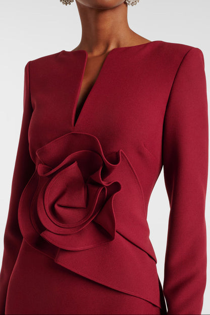 Deep V-Neck Long-Sleeves 3D-Floral Satin Floor-Length Mermaid Evening Dress with Slit