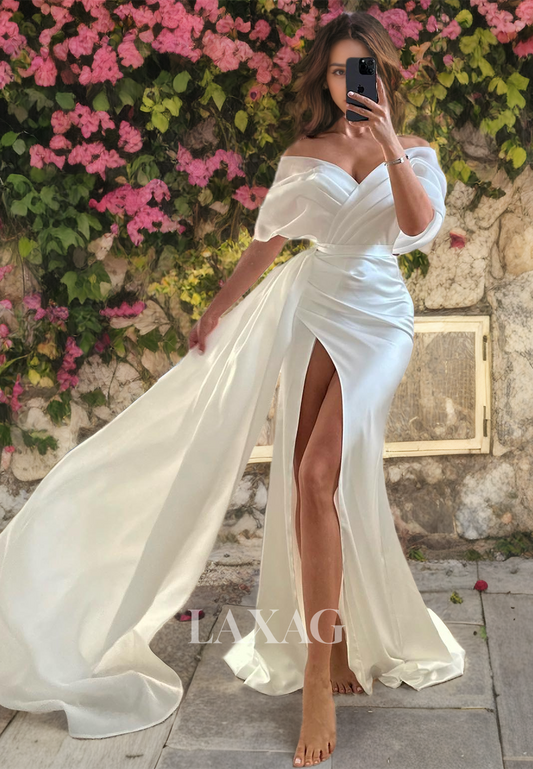 Minimalist High Slit Pleated Satin Sweetheart Sweep Train Sheath&Column Wedding Dress