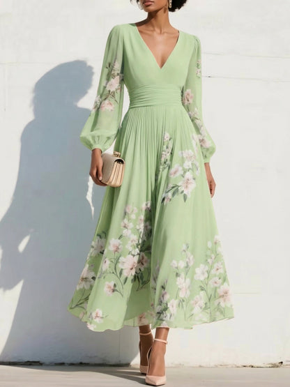 V-Neck Long-Sleeves Print-Chiffon Pleated Tea-Length A-Line Mother of the Bride Dress